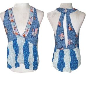 Free People Blue Floral V-Neck Cutout Cropped Halter Tank Top - M